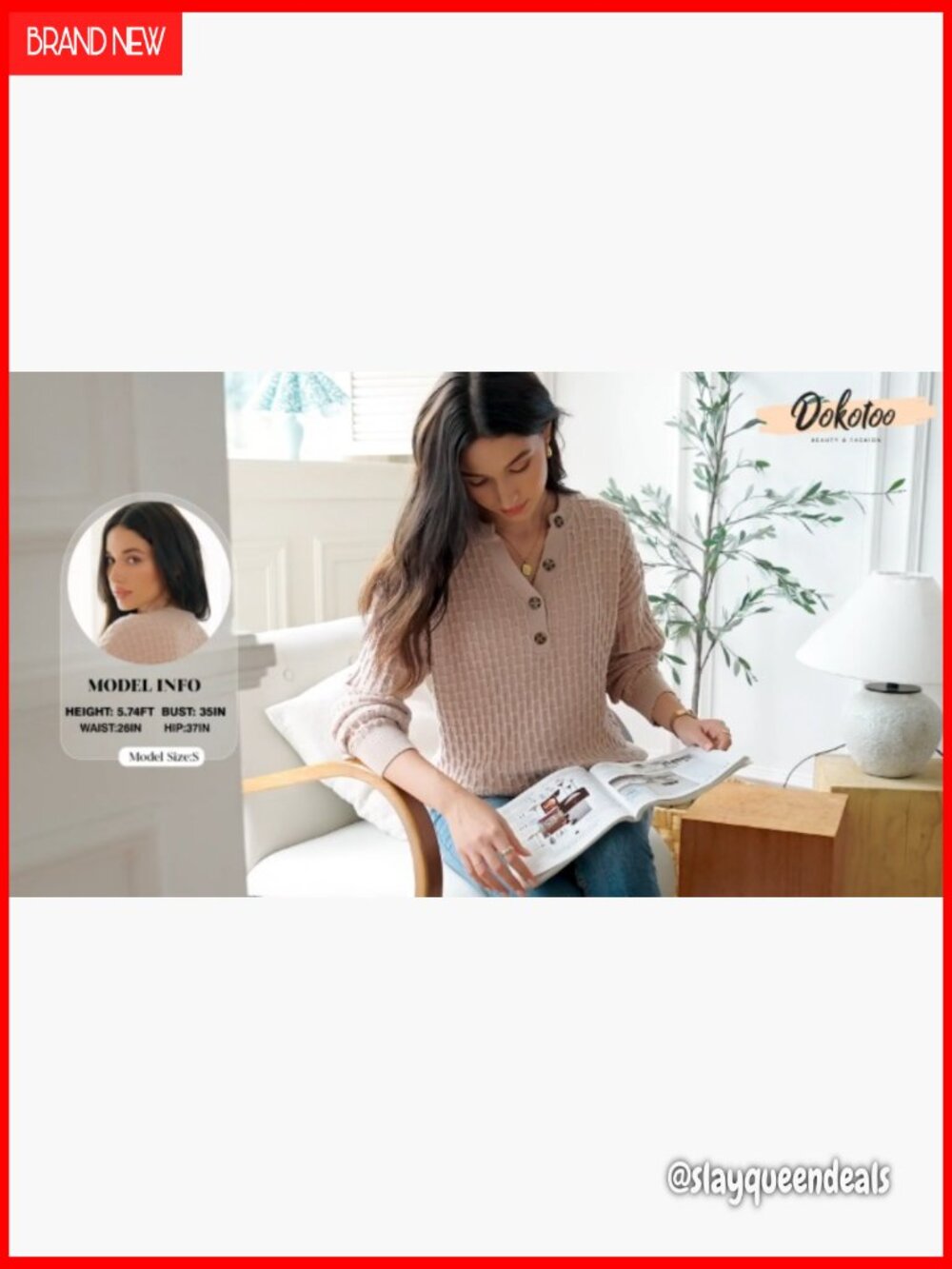 Long Sleeve V-Neck Button Sweater Loose Fit Textured Knit Fall Pullover Top - Picture 7 of 7